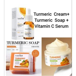 SADOER 3 in 1 The Glow Set Kit Turmeric Cream,Tumeric Soap and Vitamin C Brightening Serum