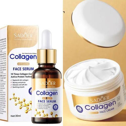 SADOER 2pcs Anti Aging Collagen Face Serum + Collagen Cream, Skin Firming, Brighten Skin Tone