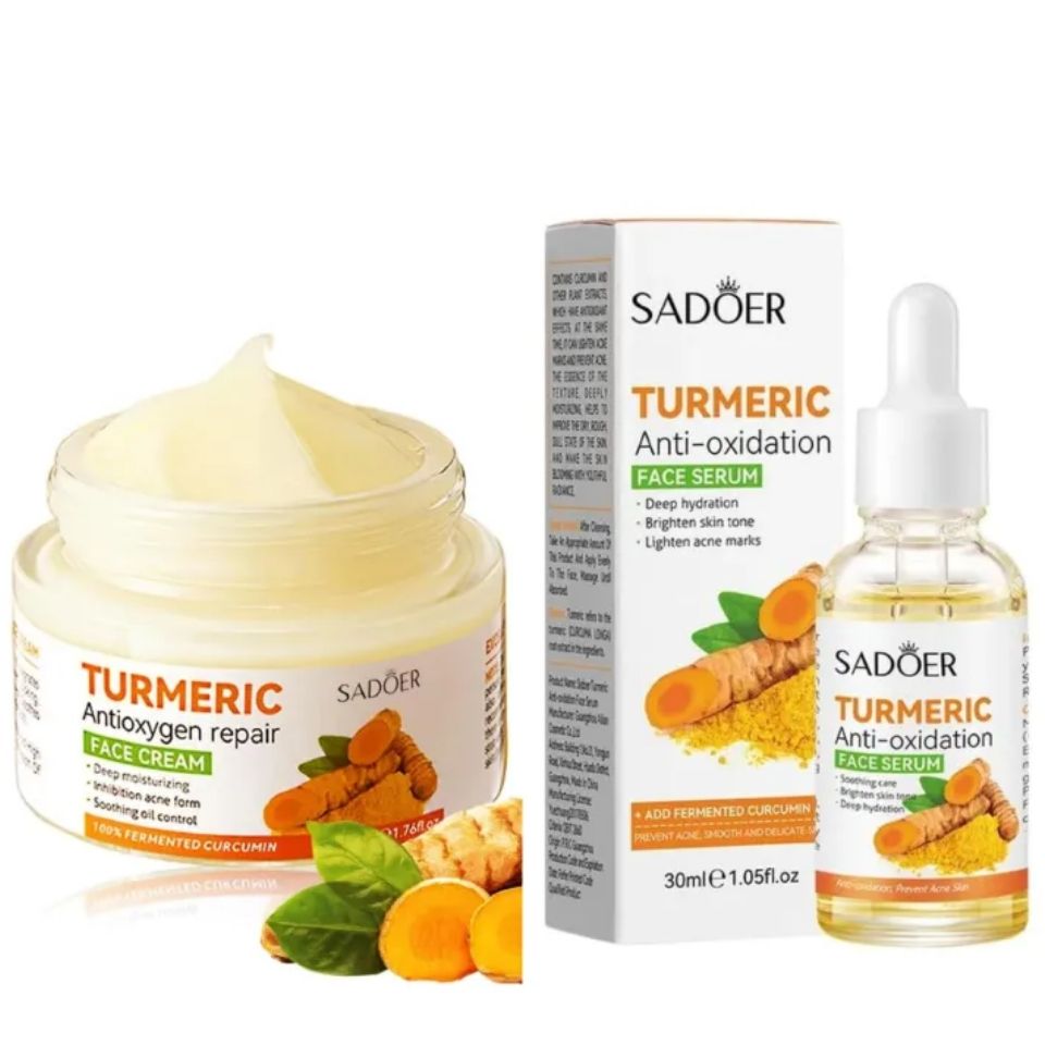 2 in 1, Sadoer Turmeric Cream + Tumeric Serum, the Combination of Sadoer Tumeric Cream and Turmeric Serum Guarantees Like Vitamin C, Deep Hydration, inhibits Acne formation, Lighten Acne Marks, Sooth