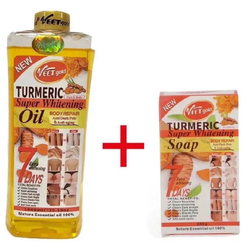 VEET GOLD Turmeric Supper Whitening Oil 1000ml + Soap 250g Whitening Soap Clears Knuckles Removes Dirt & Impurities Super Whitening Clears Dark Thighs Anti Dark Spots Body Oil 1000ml