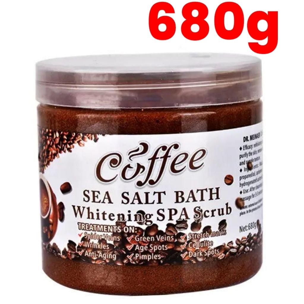 Coffee Sea Salt Bath 680g + Gloves Pair - Brightening & Whitening SPA Scrub Exfoliating Face Body Dead Skin Dr Meinaier and Exfoliating Bath Glove Cleaning Body Cleanser Set