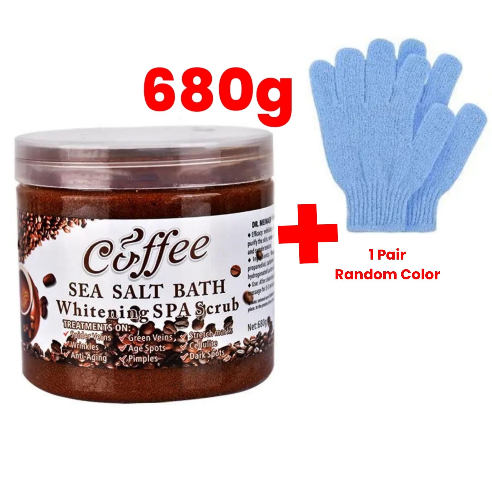 Coffee Sea Salt Bath 680g + Gloves Pair - Brightening & Whitening SPA Scrub Exfoliating Face Body Dead Skin Dr Meinaier and Exfoliating Bath Glove Cleaning Body Cleanser Set