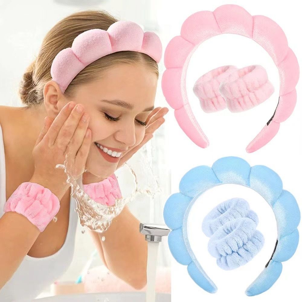 3pc set Spa Headband and Wristbands for Washing Face/makeup Absorbent Sponge and cuff Headband for Women's skin care routine Head band and Wrist bands  pack