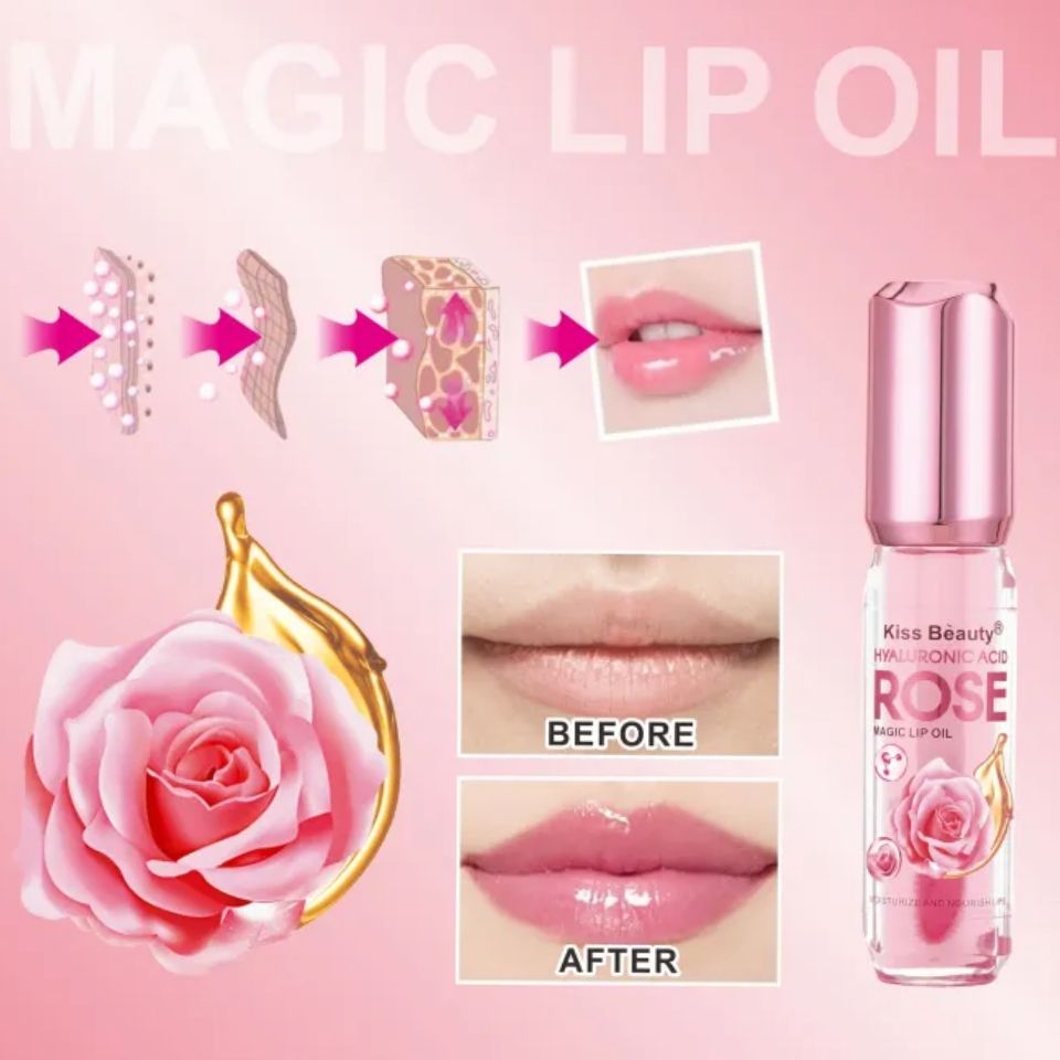 Hyaluronic Acid Rose Magic Lip Oil Colour Changing Kiss Beauty Makeup Hydrating Plumping Lip Gloss Coat For Cute Makeup Lipsticks Clear Serum Fruit Lip Balm Oils