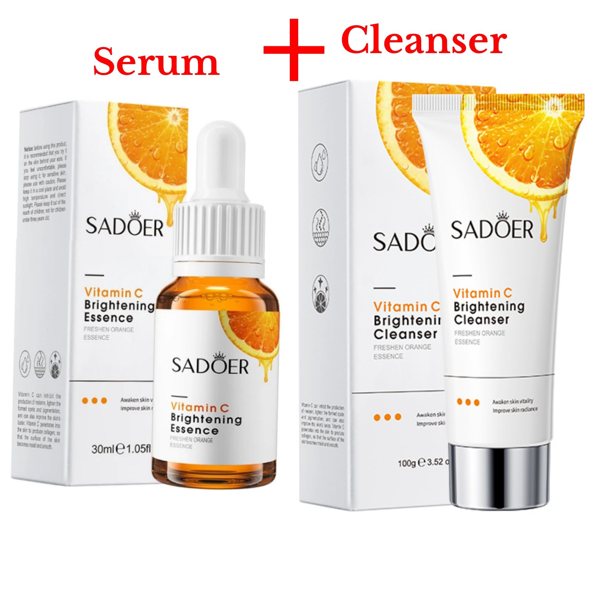 2 in 1 SADOER Skin Care Set Sadoer Vitamin C Serum + Vitamin C Face Cleanser Whitening Brightening Hydrate Dry Skin