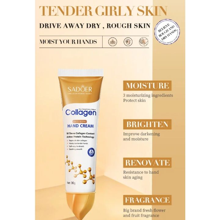 Collagen Anti-aging Hand Cream With Hyaluronic Acid & Niacinamide Softens Smoothens Improves Dry Hands - Sadoer
