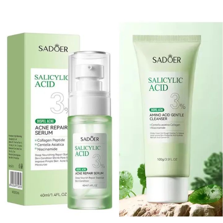 3 in 1 SADOER Set, Acne Repair Cleanser + Serum + Coconut Lip Balm - with 3% Salicylic Acid Collagen Peptide and Niacinamide, Centella Asiatica and Niacinamide, Can add Vitamin c, Moisturize