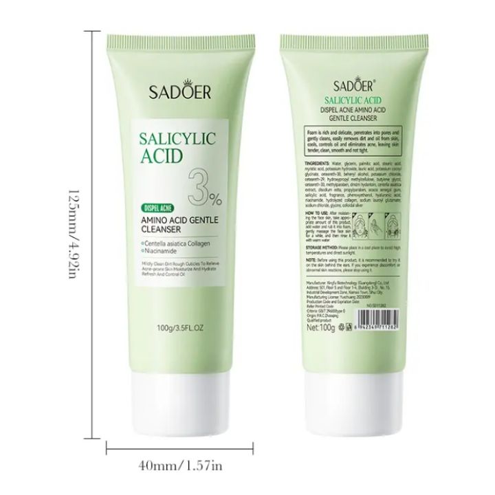 SADOER Face Cleanser, With 3% Salicylic Acid, Niacinamide & Centella Asiatica Collagen Acne Remover Facial Cleanser controls oils, Eliminates Acne, Removes Dirt Like Vitamin C, smoothens, hydrates