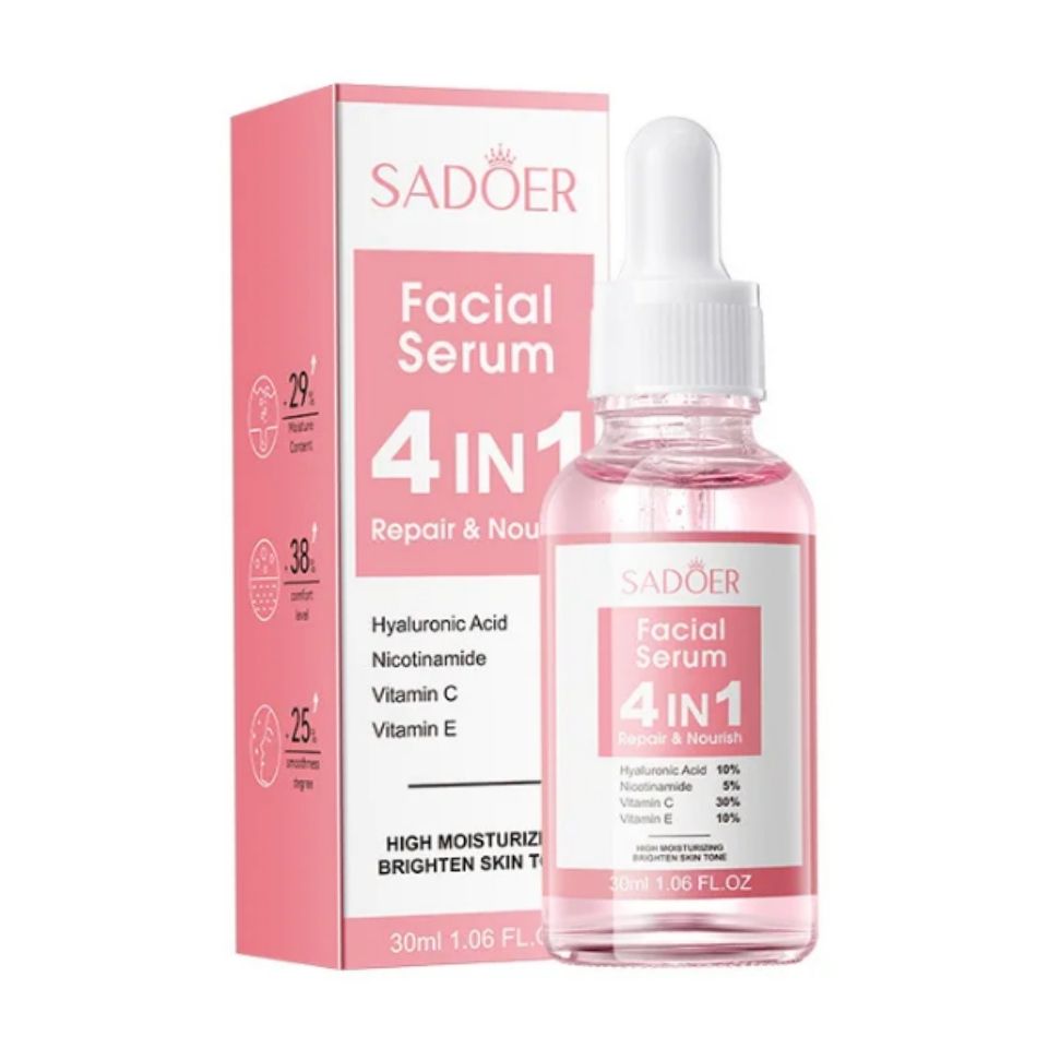 SADOER 4 in 1 Facial Serum with Hyaluronic Acid, Nicotinamide, Vitamin C and Vitamin E, High Moisturising and Brighten Skin Tone, Rejuvenates, Whitens Blemishes and Dark Spots