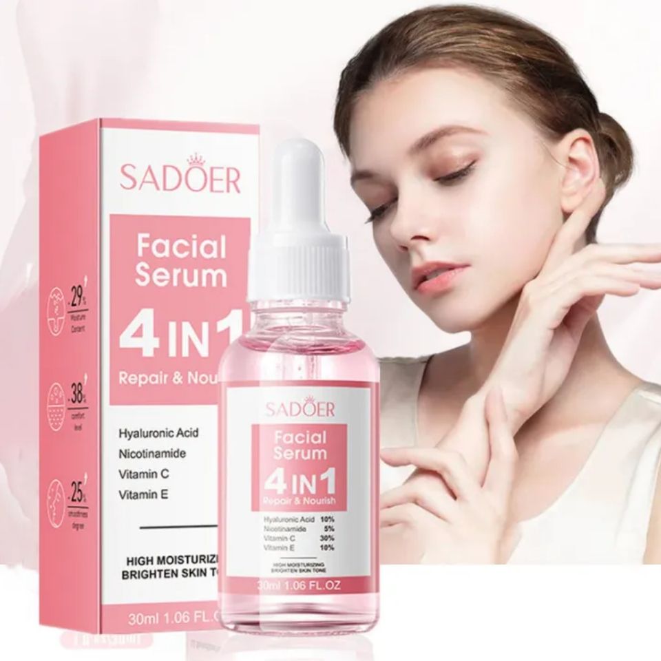 SADOER 4 in 1 Facial Serum with Hyaluronic Acid, Nicotinamide, Vitamin C and Vitamin E, High Moisturising and Brighten Skin Tone, Rejuvenates, Whitens Blemishes and Dark Spots