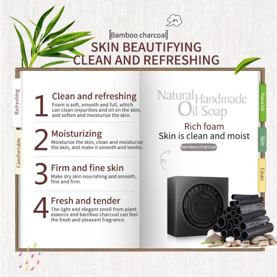 Natural Organic Herbal Essential Black Bamboo Oil Soap Whitening Handmade Soap Skin Remove Acne Deep Cleansing Anti Bacterial Cleansing Charcoal Oils Bar Black Soap Bioaqua