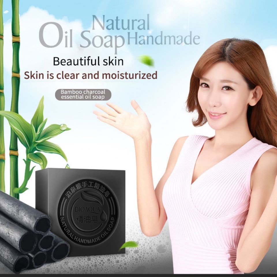 Natural Organic Herbal Essential Black Bamboo Oil Soap Whitening Handmade Soap Skin Remove Acne Deep Cleansing Anti Bacterial Cleansing Charcoal Oils Bar Black Soap Bioaqua