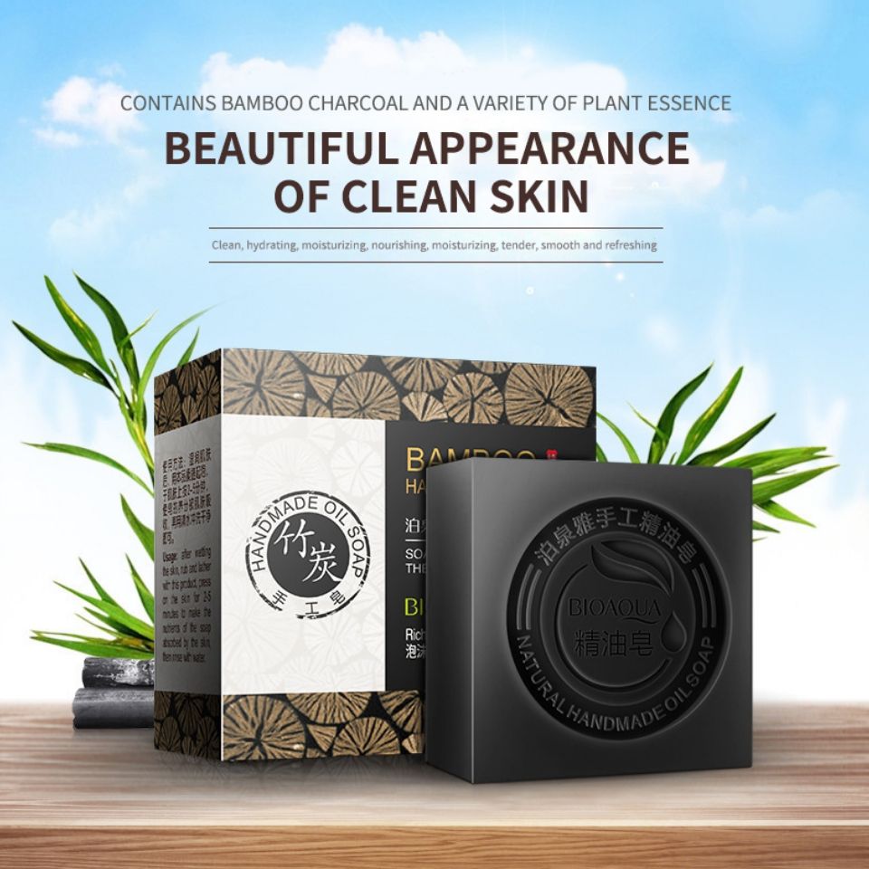 Natural Organic Herbal Essential Black Bamboo Oil Soap Whitening Handmade Soap Skin Remove Acne Deep Cleansing Anti Bacterial Cleansing Charcoal Oils Bar Black Soap Bioaqua