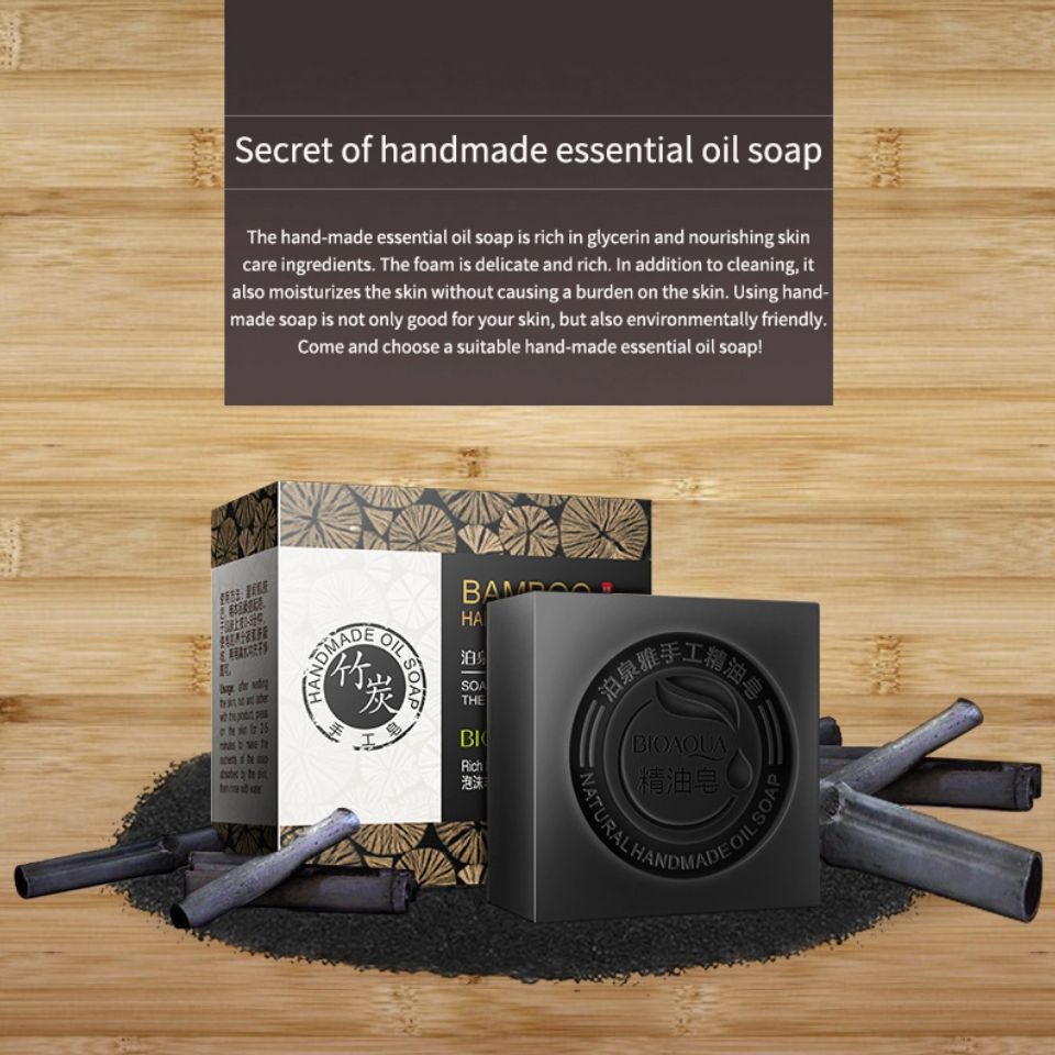 Natural Organic Herbal Essential Black Bamboo Oil Soap Whitening Handmade Soap Skin Remove Acne Deep Cleansing Anti Bacterial Cleansing Charcoal Oils Bar Black Soap Bioaqua