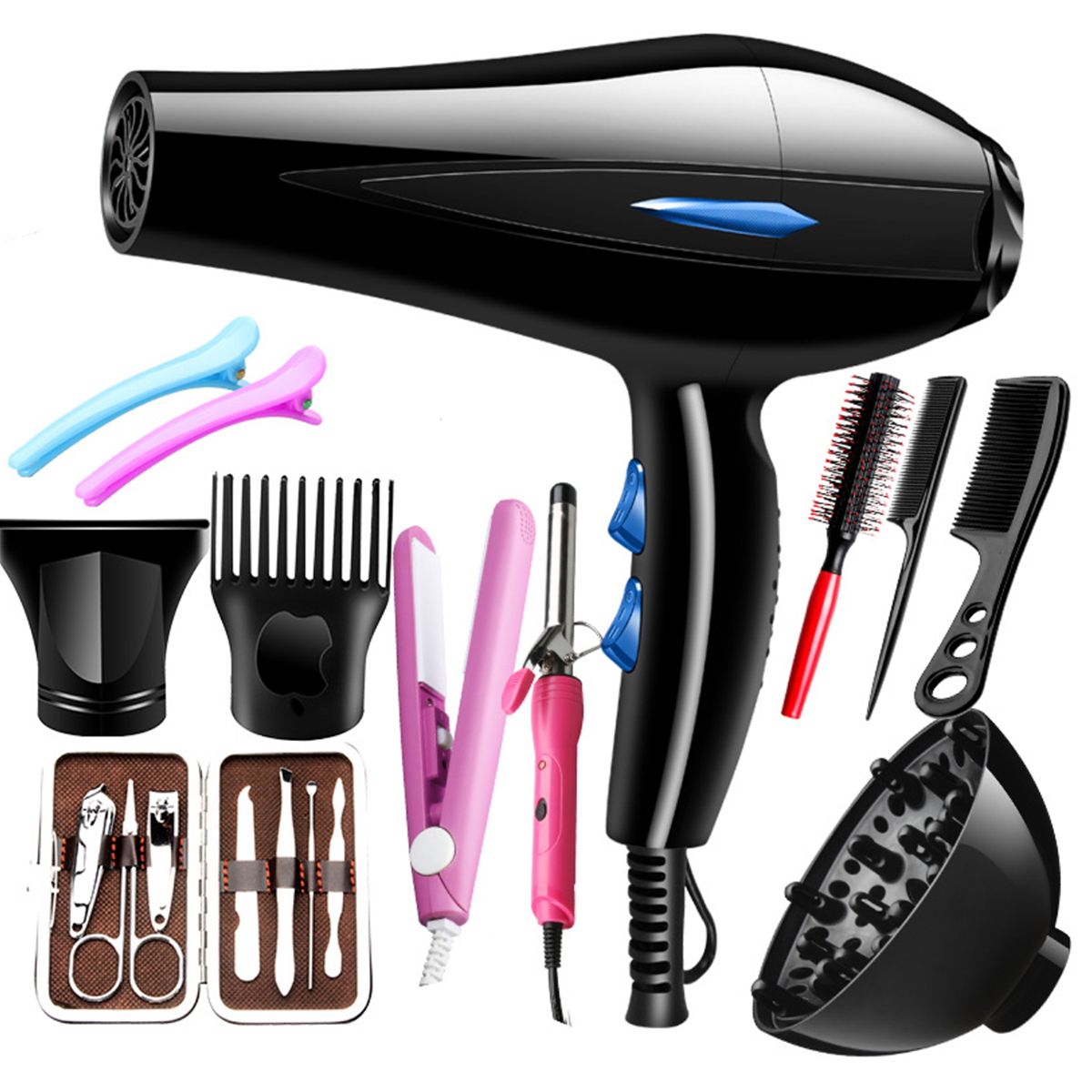 12pc Hair Dryer Professional blow dryer Set, cooling and heating adjustment, modeling tool, 11 gifts go home/Travel with manicure set, combs, Flat Iron Straightener and other Hair Accessories