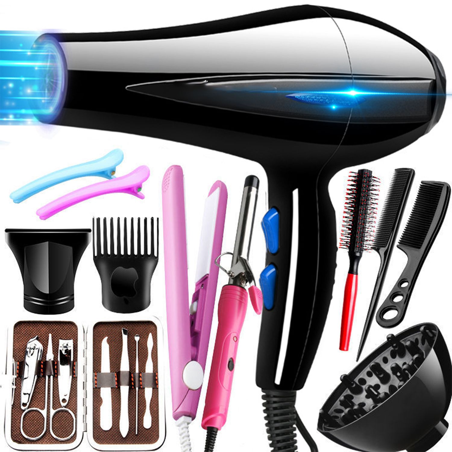 12pc Hair Dryer Professional blow dryer Set, cooling and heating adjustment, modeling tool, 11 gifts go home/Travel with manicure set, combs, Flat Iron Straightener and other Hair Accessories