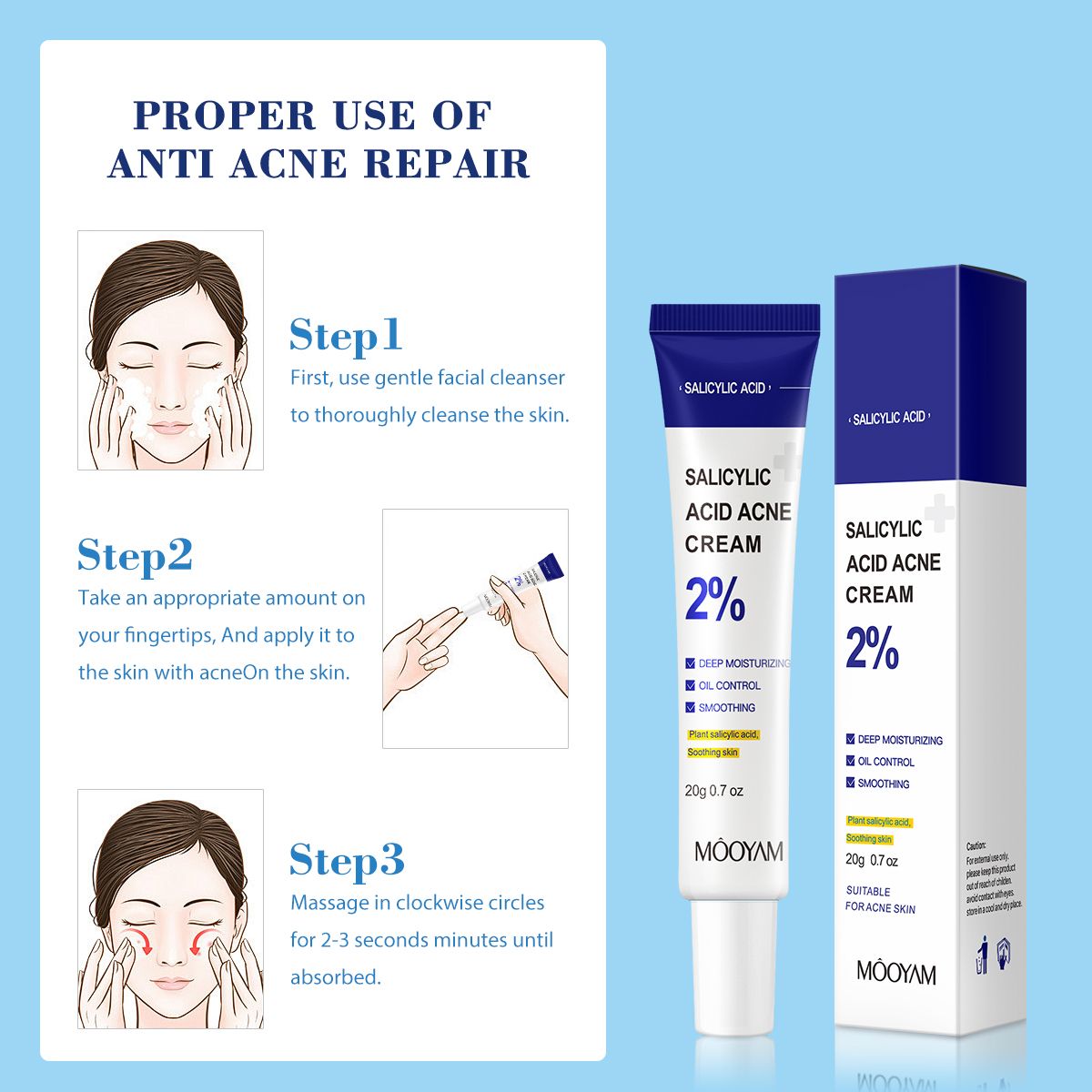 MOOYAM Salicylic Acid Acne Cream Fast Repair Pimple Scar 2% Salicylic Acid Anti Spots Removal Gel Smoothing Body Face Skin Shrink Pores Cream