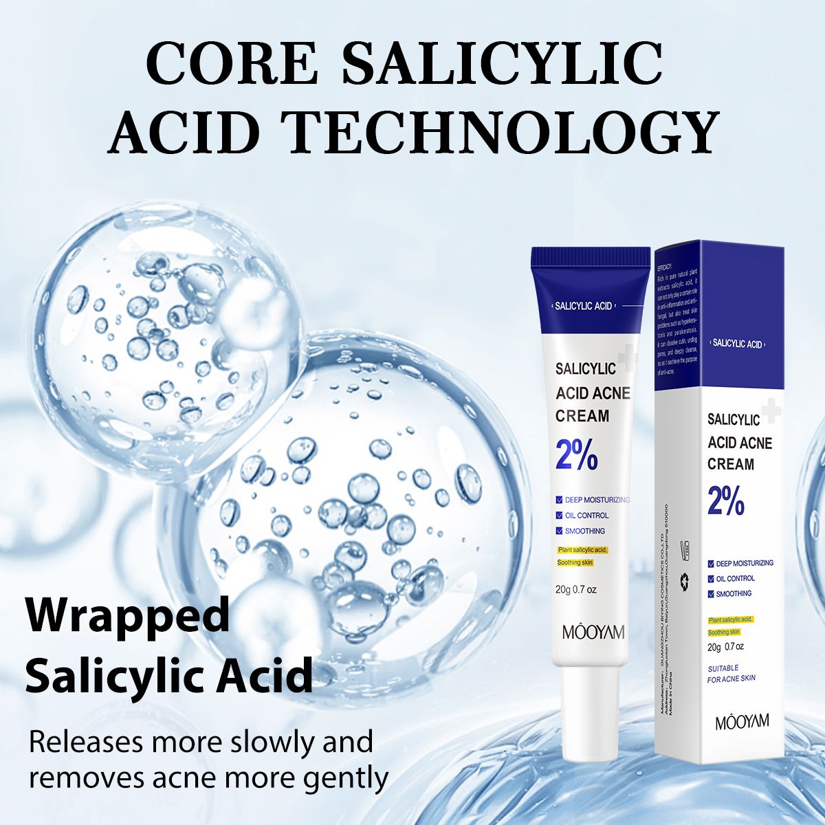 MOOYAM Salicylic Acid Acne Cream Fast Repair Pimple Scar 2% Salicylic Acid Anti Spots Removal Gel Smoothing Body Face Skin Shrink Pores Cream