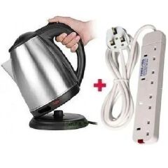 KETTLE + EXTENSION SET AILYONS 2L Electric Kettle + Free 4-Way Extension Cable – Coil-Less Water Heater & Boiler Jug, Fast Boil, Stainless Steel Durable Convenient Home Appliance Set Power King Socket
