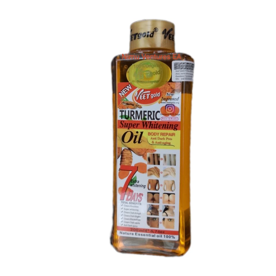 Veet Gold Oil 200ml - Turmeric, Kojic Acid, Half Cast, Vitamin C, Rose Oil - Super Whitening Skin Repair Anti-Aging Removes Wrinkles Dark Spots & Smooths Clears Knuckles Exfoliating Body Oil