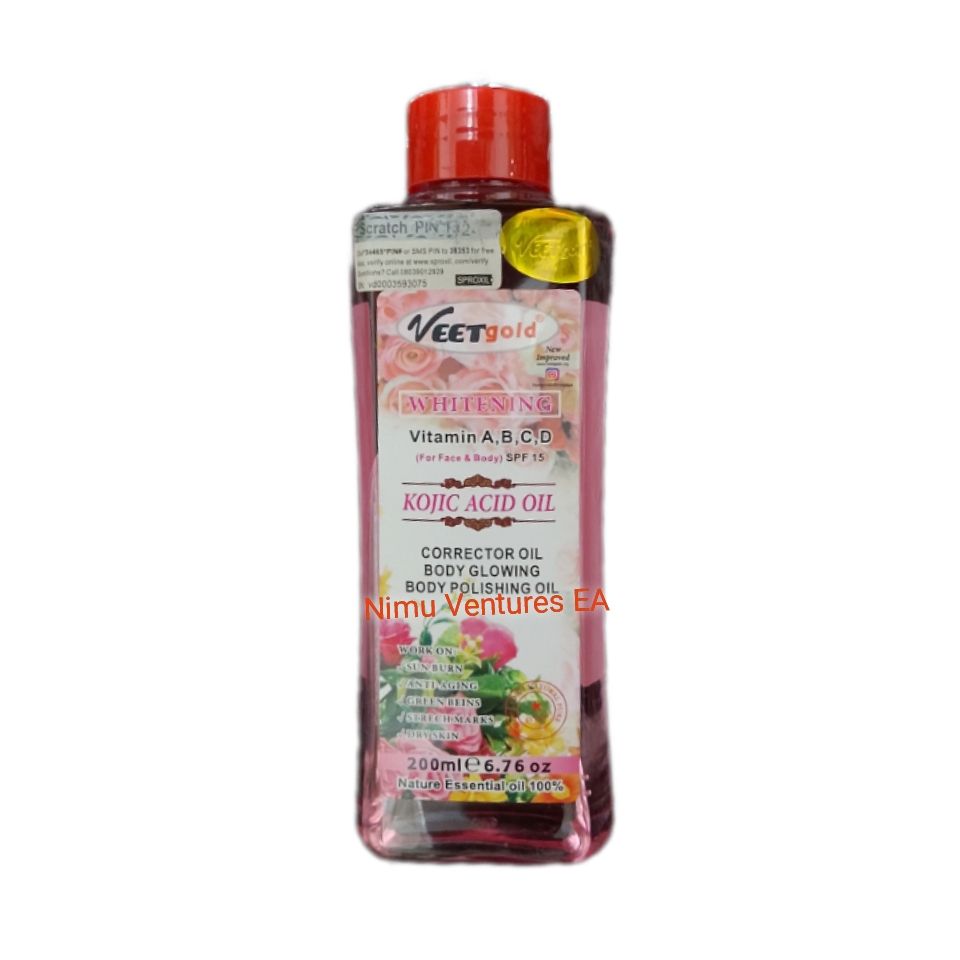 Veet Gold Oil 200ml - Turmeric, Kojic Acid, Half Cast, Vitamin C, Rose Oil - Super Whitening Skin Repair Anti-Aging Removes Wrinkles Dark Spots & Smooths Clears Knuckles Exfoliating Body Oil