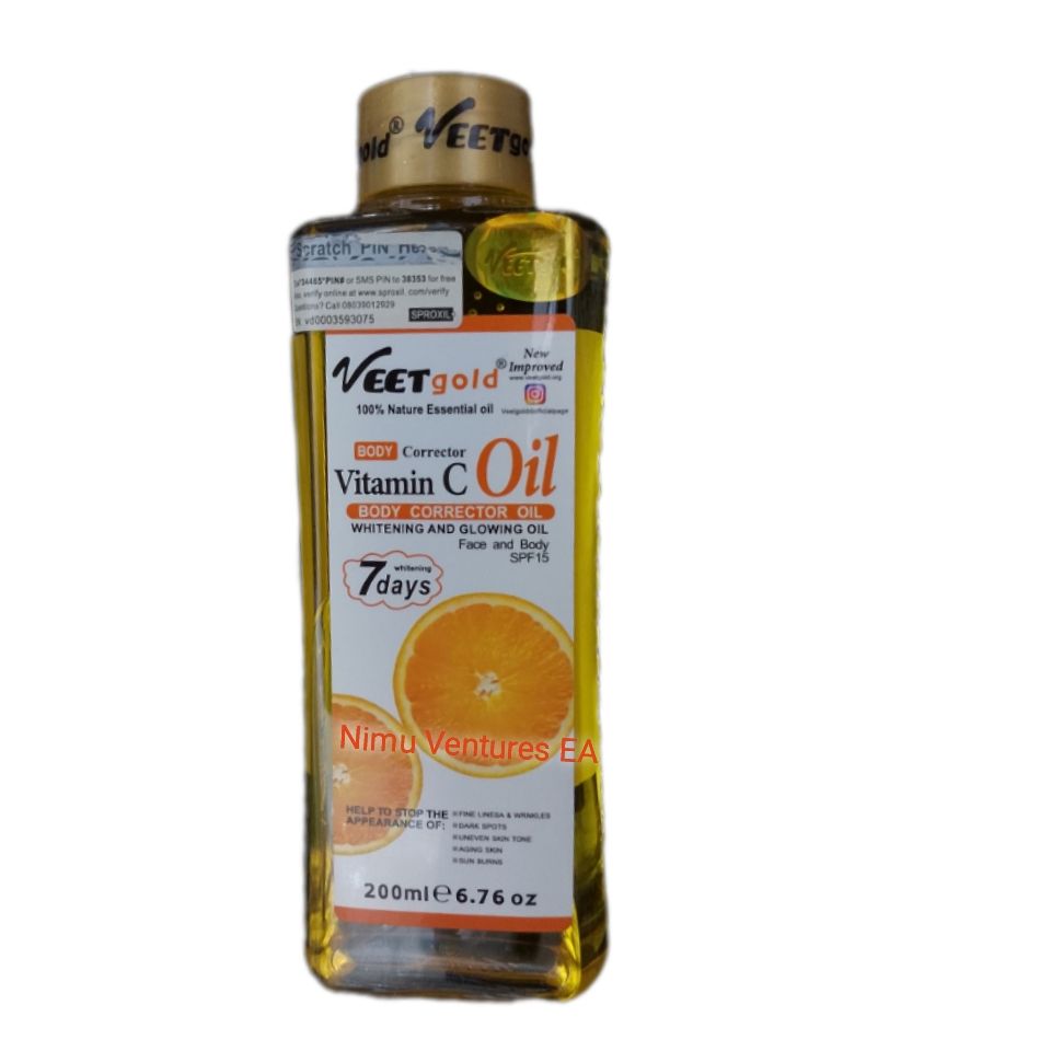 Veet Gold Oil 200ml - Turmeric, Kojic Acid, Half Cast, Vitamin C, Rose Oil - Super Whitening Skin Repair Anti-Aging Removes Wrinkles Dark Spots & Smooths Clears Knuckles Exfoliating Body Oil