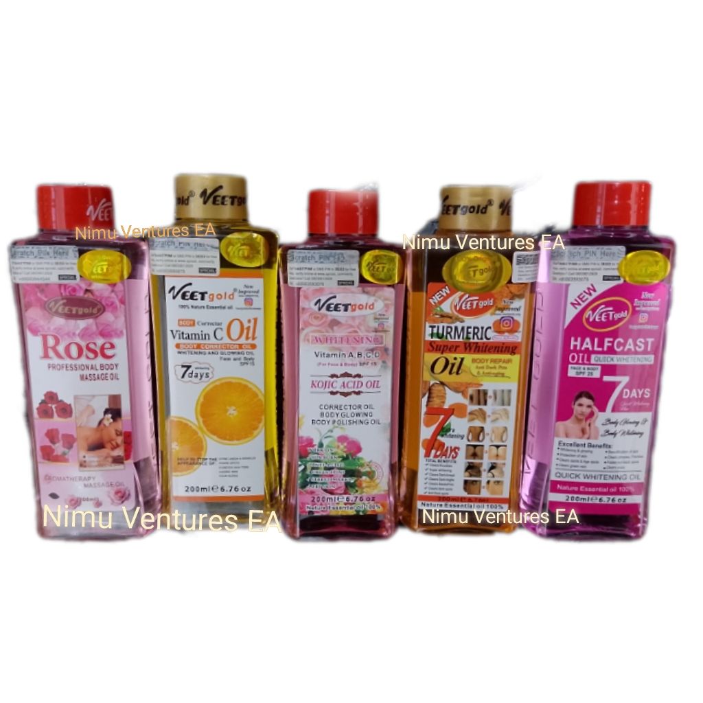 Veet Gold Oil 200ml - Turmeric, Kojic Acid, Half Cast, Vitamin C, Rose Oil - Super Whitening Skin Repair Anti-Aging Removes Wrinkles Dark Spots & Smooths Clears Knuckles Exfoliating Body Oil
