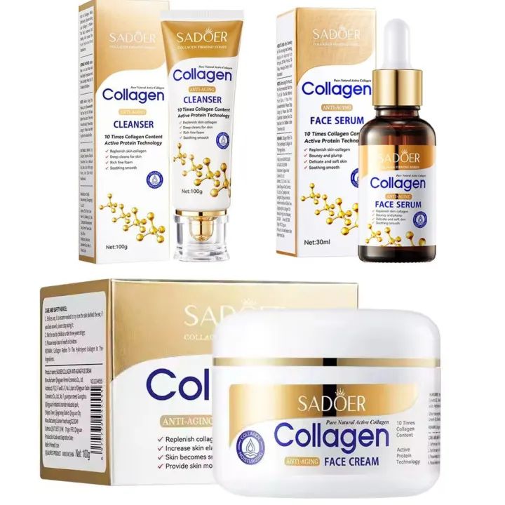 Sadoer Collagen 3 Pieces, Collagen Anti Aging Cleanser + Anti Aging Collagen Serum + Anti Aging Face Cream, can Add Vitramin C, For Anti Aging, Moisturizing, Cleansing, Clear Pores, Anti Wrinkles,