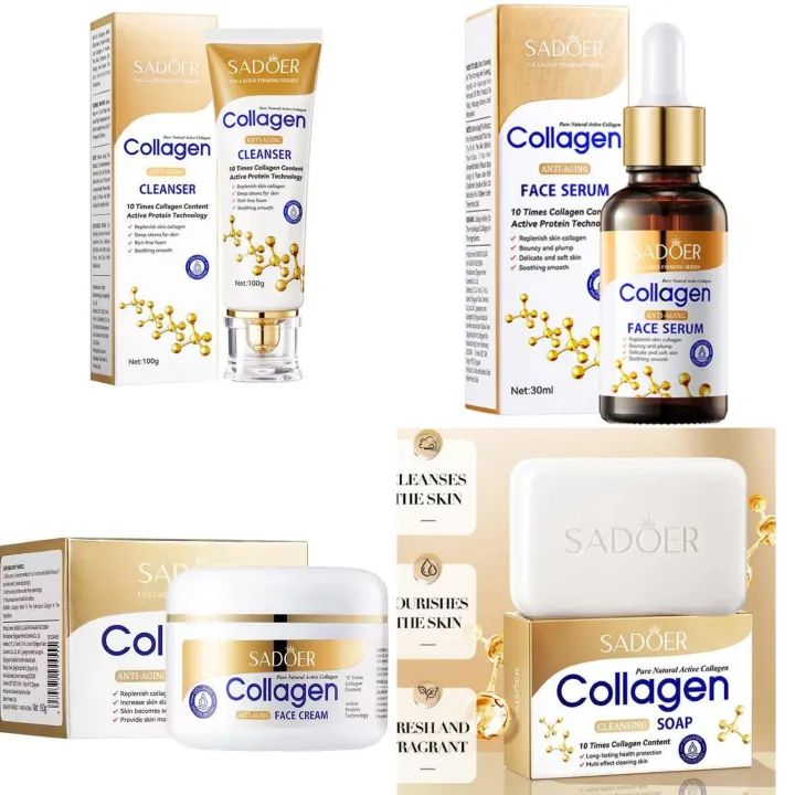 4 in 1 Sadoer Collagen 4 Pieces, Collagen Anti Aging Serum + Anti Aging Cream + Anti Aging Facial Cleanser + Cleansing Soap, Can add Vitramin C to the Routine, For Antiwrinkles, Moisturizing, soothing