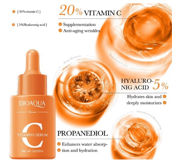 BIOAQUA Vitamin C Serum Hyaluronic Acid Essence Brightening Anti-Aging Moisturizing Face Skin Care Whitening improves Skin Firmness, Even Skin Tone, Soft, Resists Wrinkles, Aging Face Facial care
