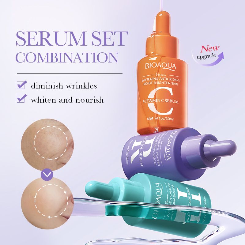 3 in 1 Vitamin C + Hyaluronic Acid + Retinol Serum Set Essence Brightening Anti-Aging Moisturizing Face Skin Care Whitening improves Skin Firmness, Even Skin Tone, Wrinkles, Aging Face Facial BIOAQUA