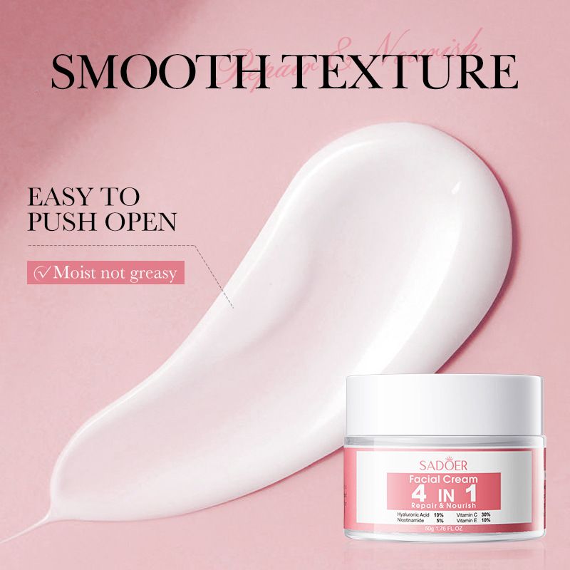 SADOER 4 in 1 Serum + Cream with Hyaluronic Acid, Nicotinamide, Vitamin C and Vitamin E, High Moisturising and Brighten Skin Tone, Rejuvenates, Whitens Blemishes and Dark Spots Face Facial Care