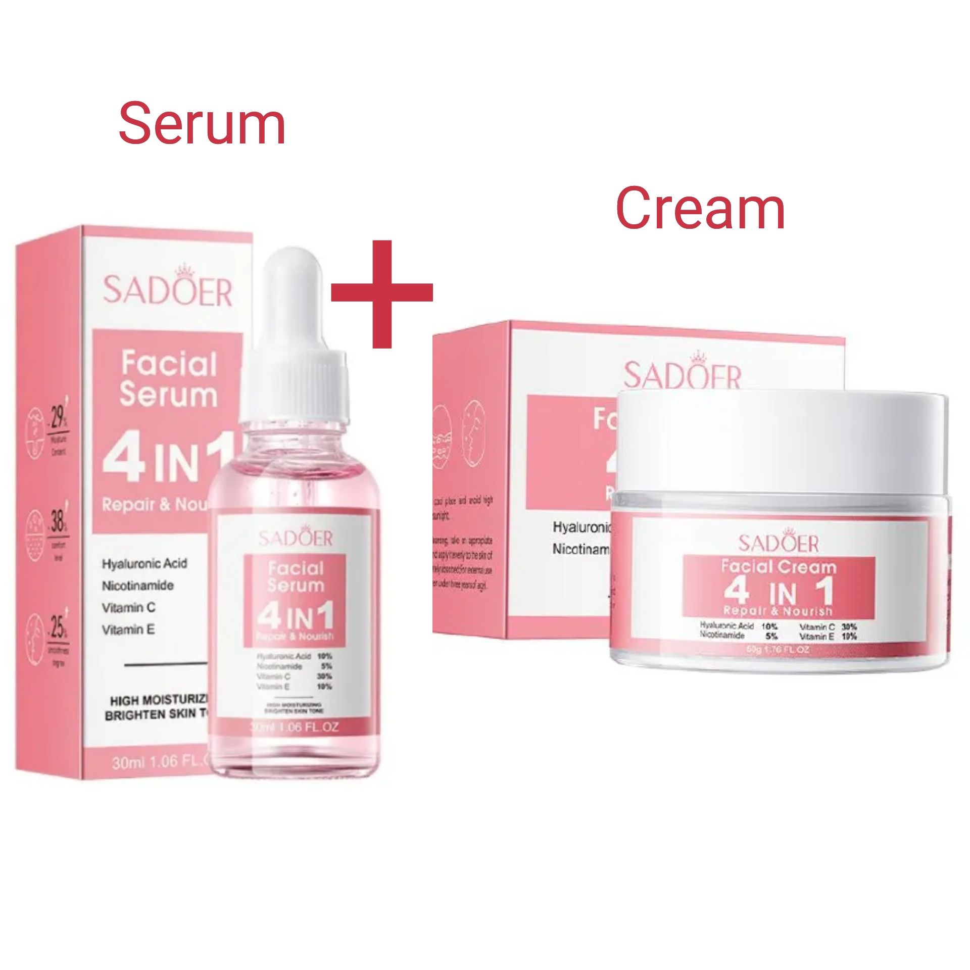 SADOER 4 in 1 Serum + Cream with Hyaluronic Acid, Nicotinamide, Vitamin C and Vitamin E, High Moisturising and Brighten Skin Tone, Rejuvenates, Whitens Blemishes and Dark Spots Face Facial Care