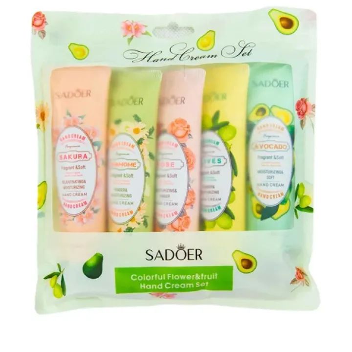 5 PCS/Set  SADOER Hand Cream Fruit Sakura Chamomile Rose Avocado Olives Moisturizing Hand Cream Nourish Hand Care Hand Lotion Moisturize Hands Hydration Skin Care for Dry Cracked Hands
