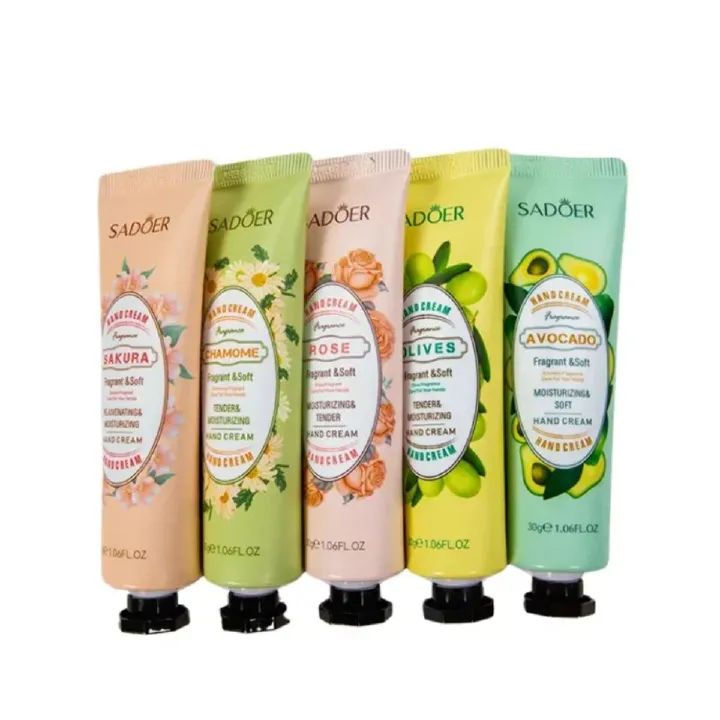 5 PCS/Set  SADOER Hand Cream Fruit Sakura Chamomile Rose Avocado Olives Moisturizing Hand Cream Nourish Hand Care Hand Lotion Moisturize Hands Hydration Skin Care for Dry Cracked Hands