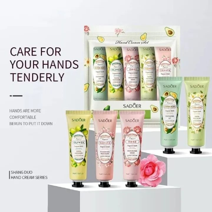 5 PCS/Set  SADOER Hand Cream Fruit Sakura Chamomile Rose Avocado Olives Moisturizing Hand Cream Nourish Hand Care Hand Lotion Moisturize Hands Hydration Skin Care for Dry Cracked Hands
