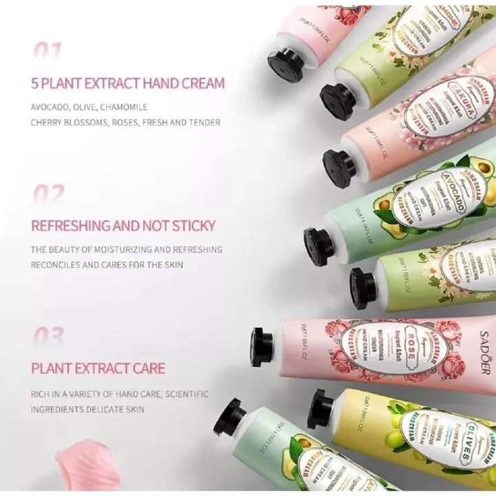 5 PCS/Set  SADOER Hand Cream Fruit Sakura Chamomile Rose Avocado Olives Moisturizing Hand Cream Nourish Hand Care Hand Lotion Moisturize Hands Hydration Skin Care for Dry Cracked Hands