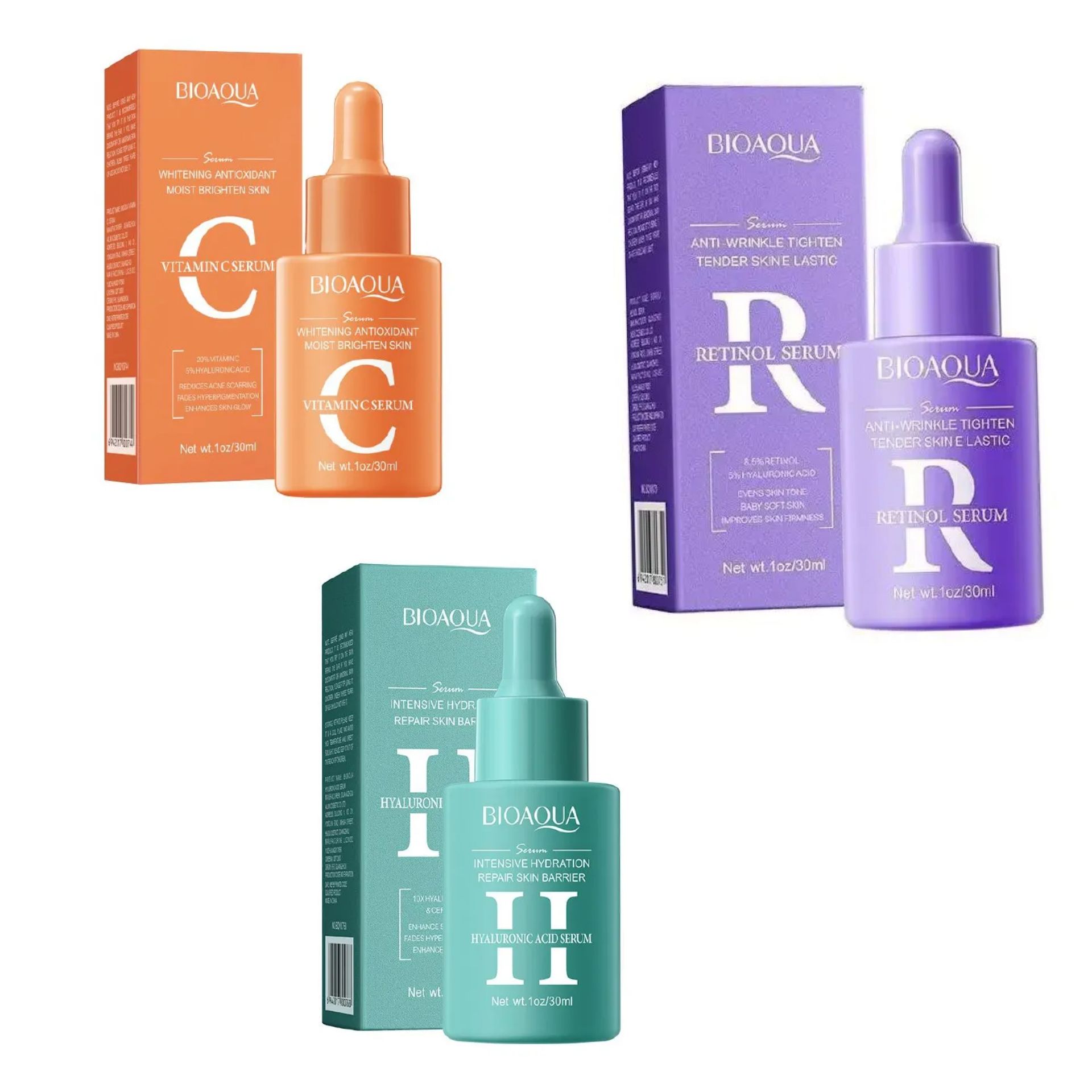 3 in 1 Vitamin C + Hyaluronic Acid + Retinol Serum Set Essence Brightening Anti-Aging Moisturizing Face Skin Care Whitening improves Skin Firmness, Even Skin Tone, Wrinkles, Aging Face Facial BIOAQUA
