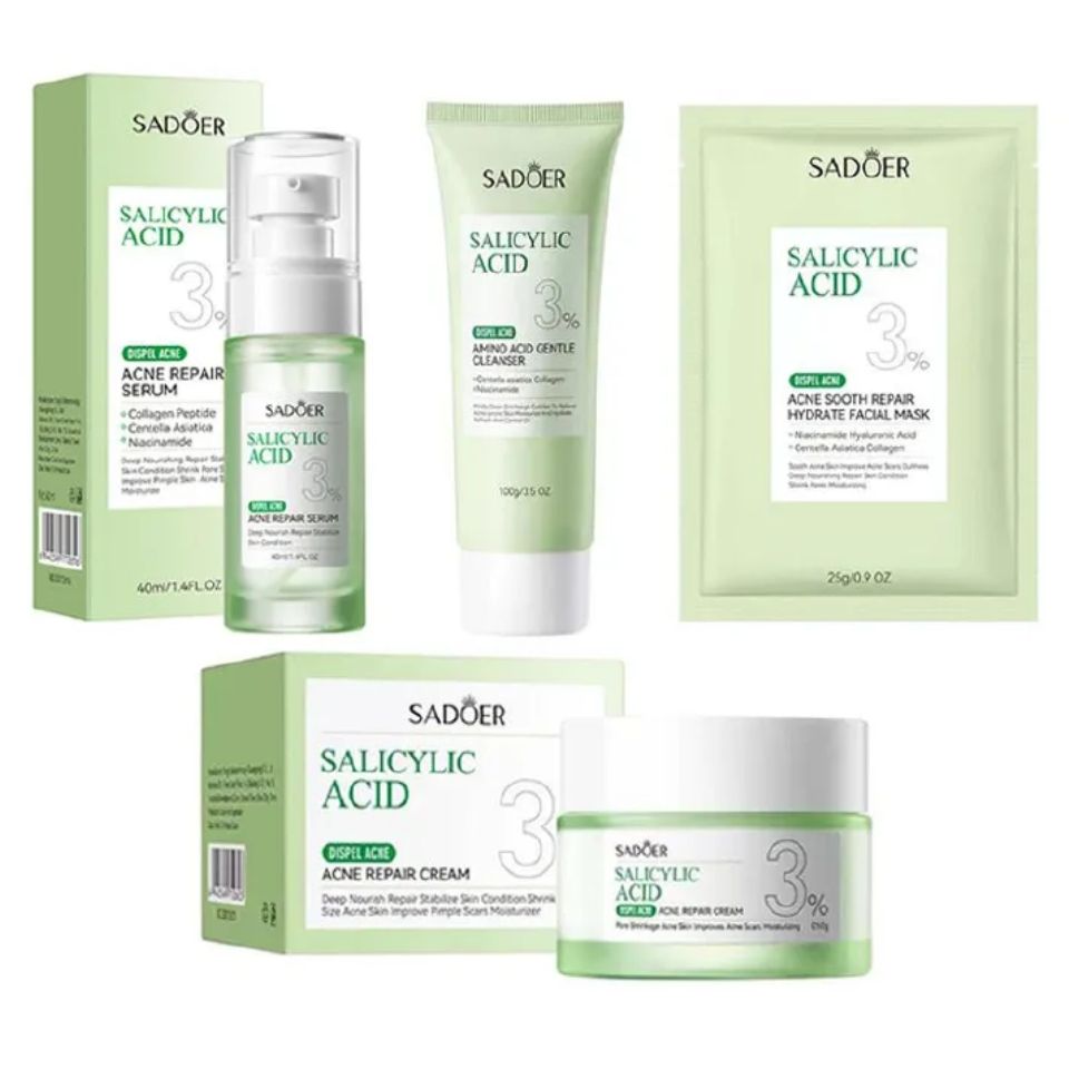 SADOER 4 in 1 Set, Acne Repair Serum + Cream + Cleanser + Sheet Mask with 3% Salicylic Acid Collagen Peptide and Niacinamide, Centella Asiatica and Niacinamide, Can add Vitamin C,Remove Acne,