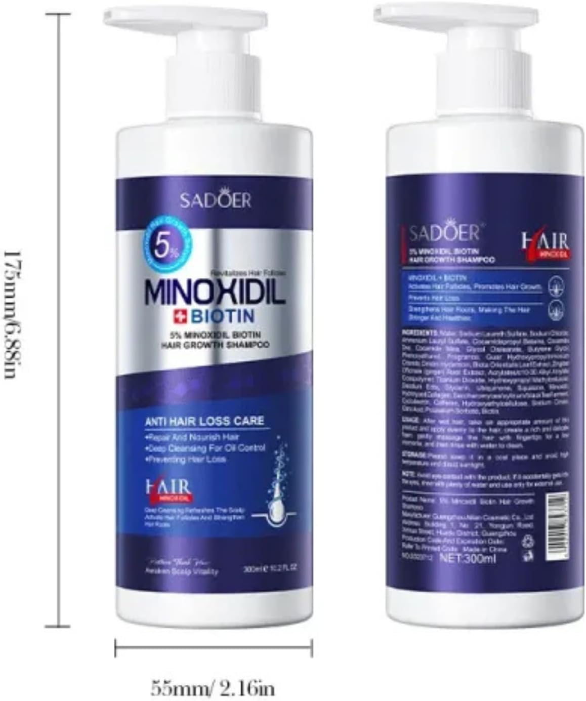SADOER Minoxidil Biotin Hair Growth Shampoo, 5% Anti Hair Loss Treatment, Men Women Deep Cleansing Formula, 300ml