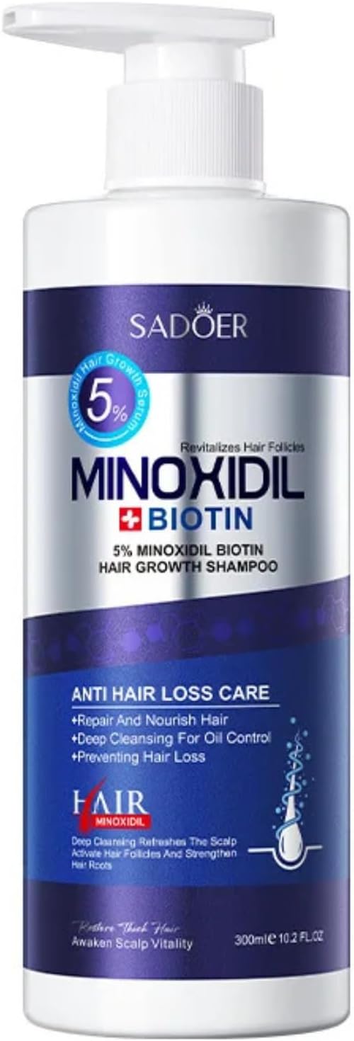 SADOER Minoxidil Biotin Hair Growth Shampoo, 5% Anti Hair Loss Treatment, Men Women Deep Cleansing Formula, 300ml