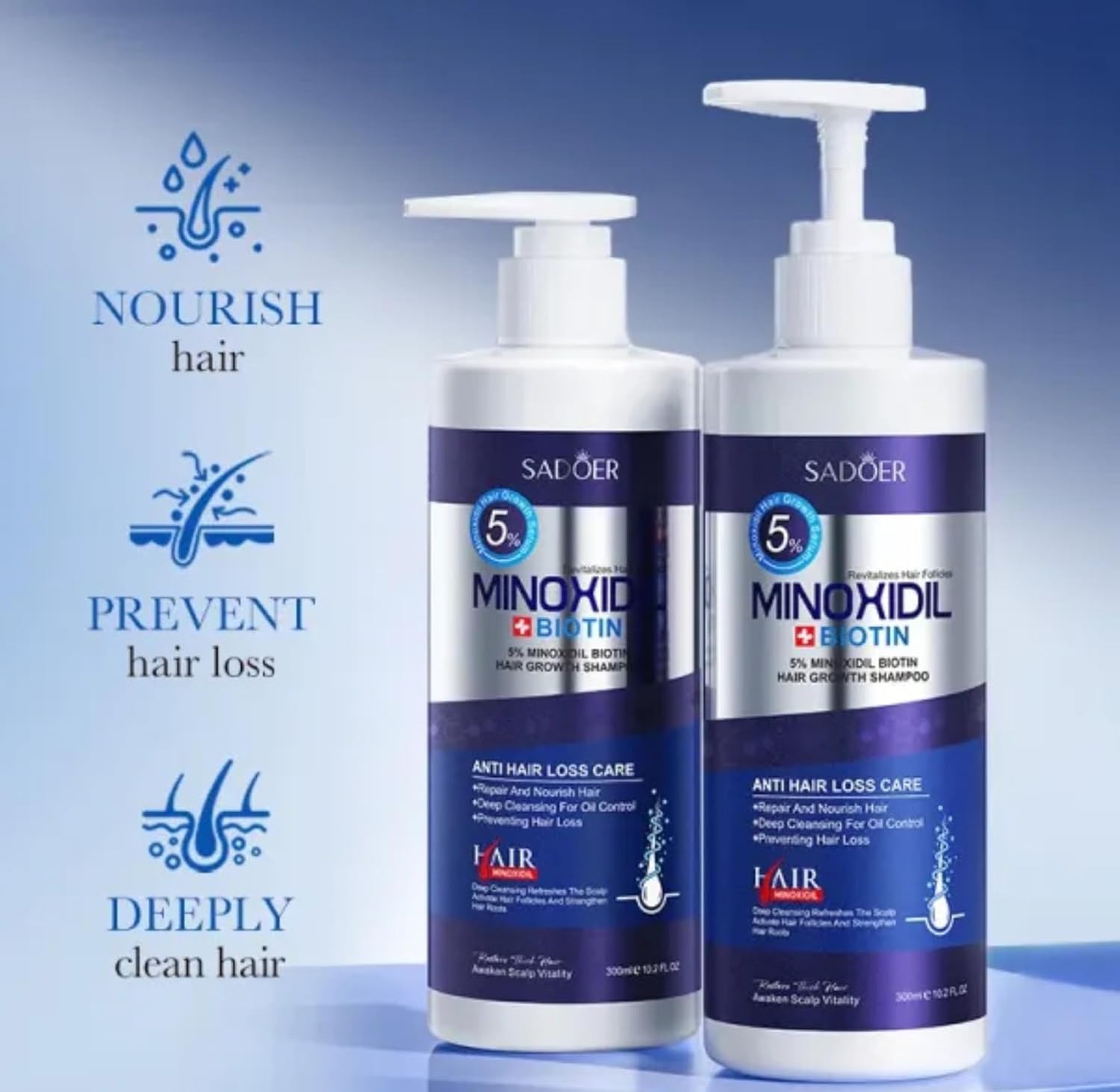 SADOER Minoxidil Biotin Hair Growth Shampoo, 5% Anti Hair Loss Treatment, Men Women Deep Cleansing Formula, 300ml