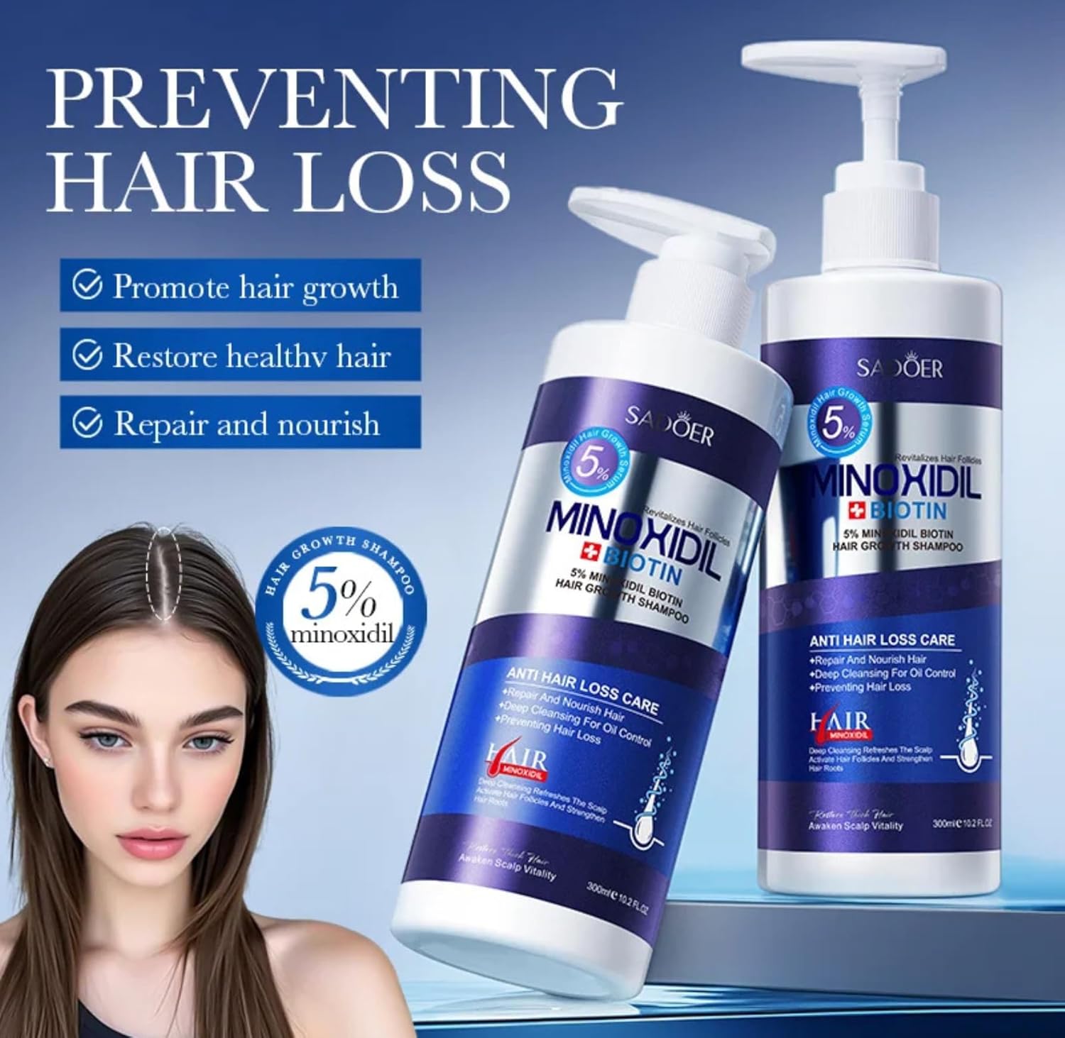 SADOER Minoxidil Biotin Hair Growth Shampoo, 5% Anti Hair Loss Treatment, Men Women Deep Cleansing Formula, 300ml