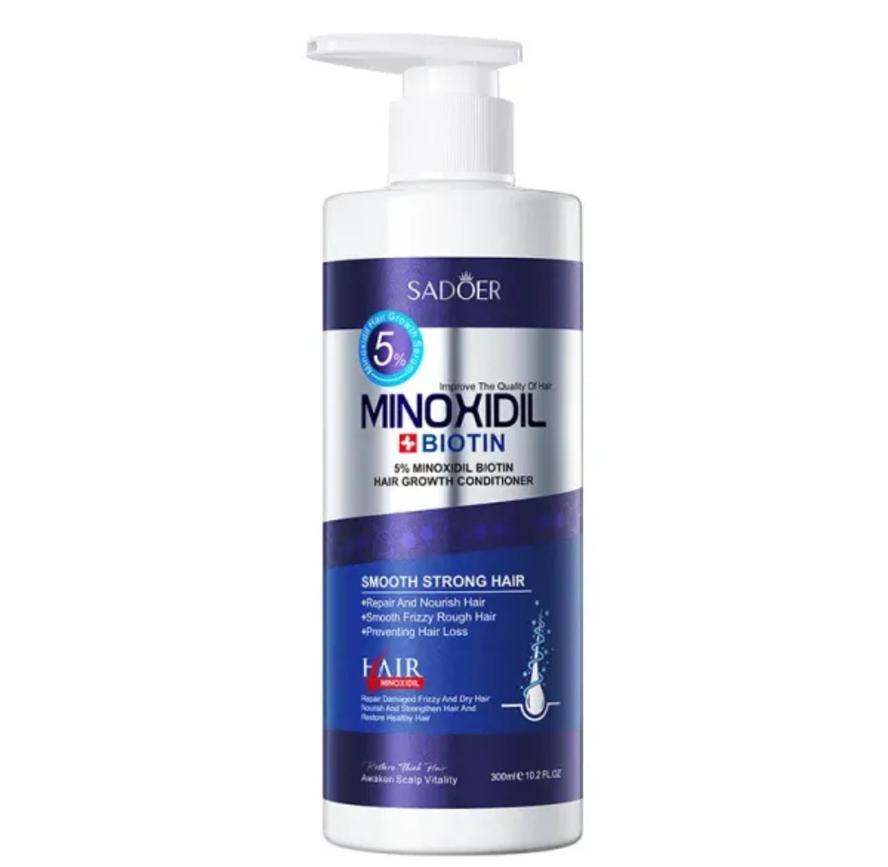 SADOER Minoxidil Biotin Hair Growth Conditioner, 5% Formula with Biotin, Repair and Nourish Treatment, Prevents Hair Loss, Smooth Strong Hair, 300ml