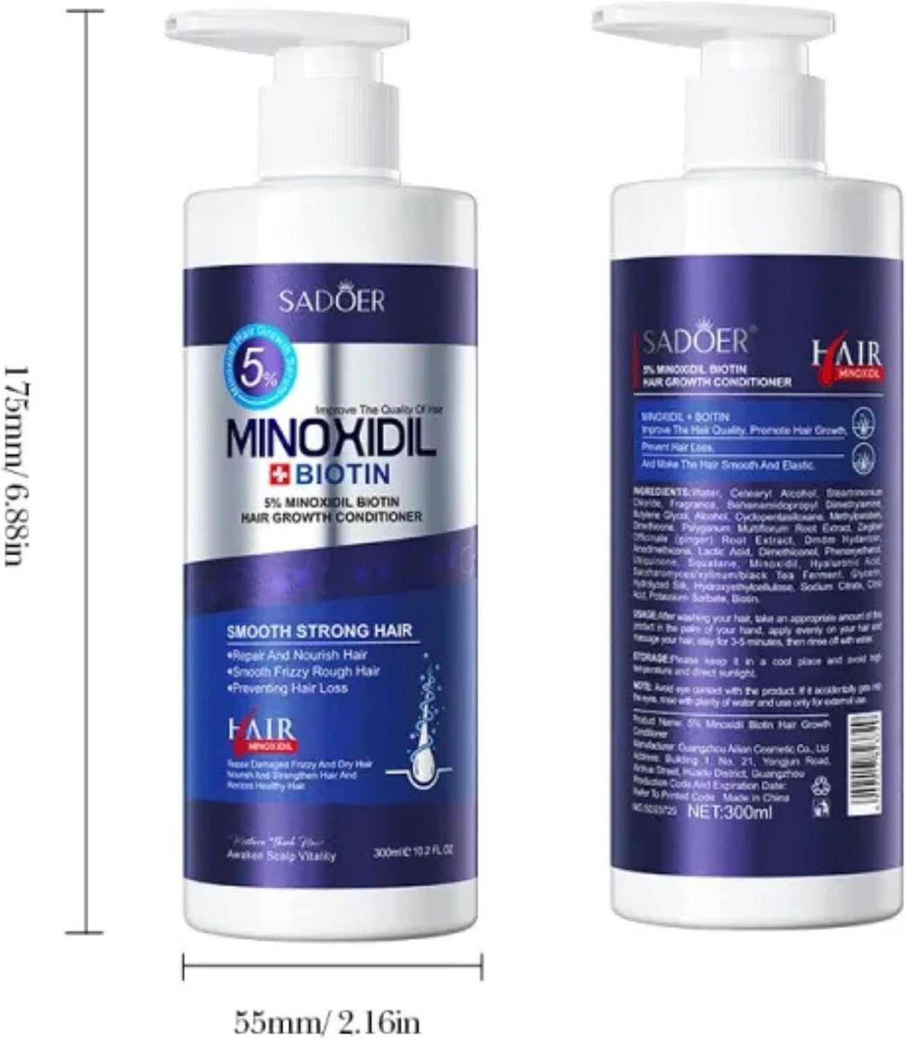 SADOER Minoxidil Biotin Hair Growth Conditioner, 5% Formula with Biotin, Repair and Nourish Treatment, Prevents Hair Loss, Smooth Strong Hair, 300ml