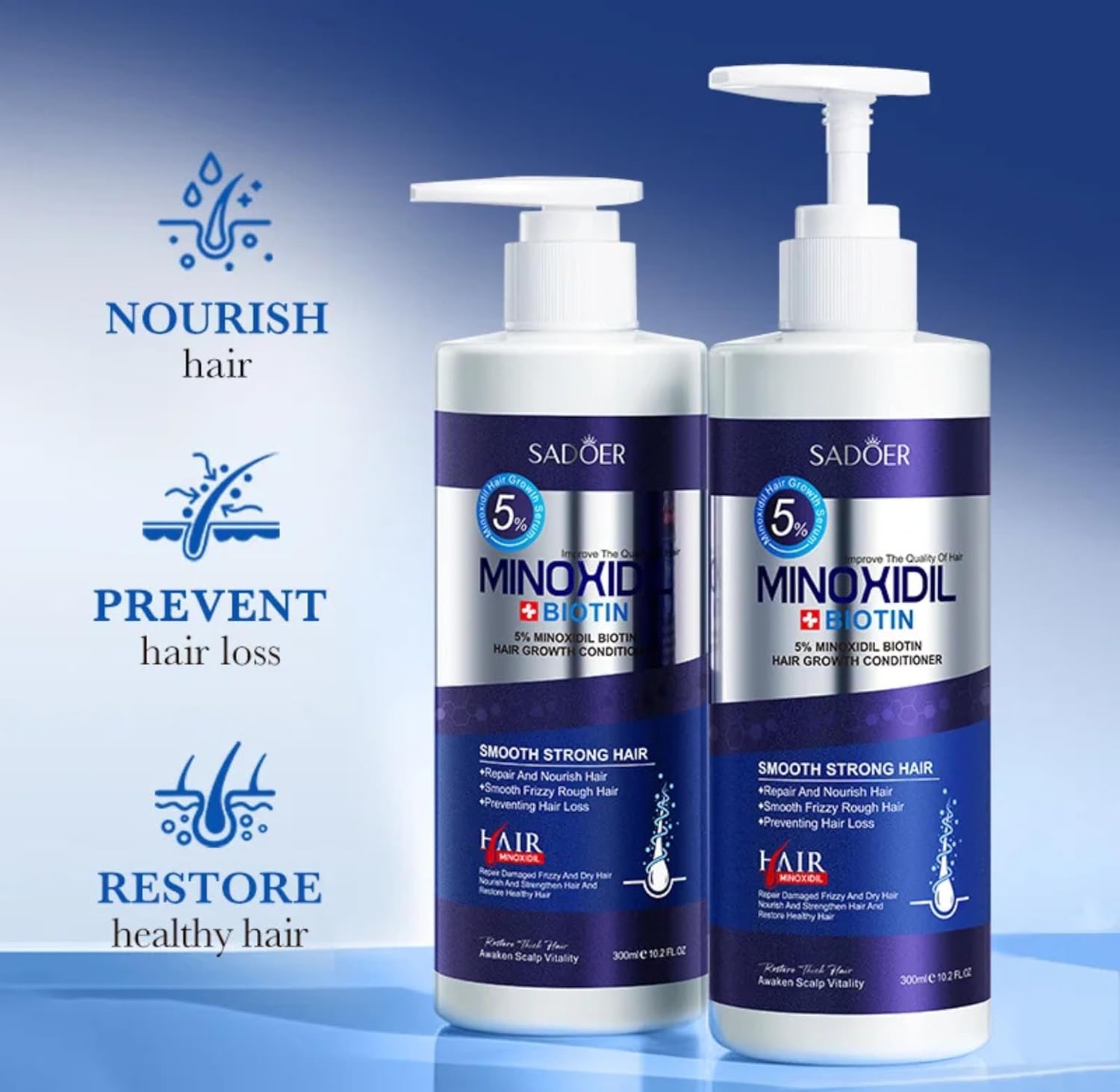 SADOER Minoxidil Biotin Hair Growth Conditioner, 5% Formula with Biotin, Repair and Nourish Treatment, Prevents Hair Loss, Smooth Strong Hair, 300ml