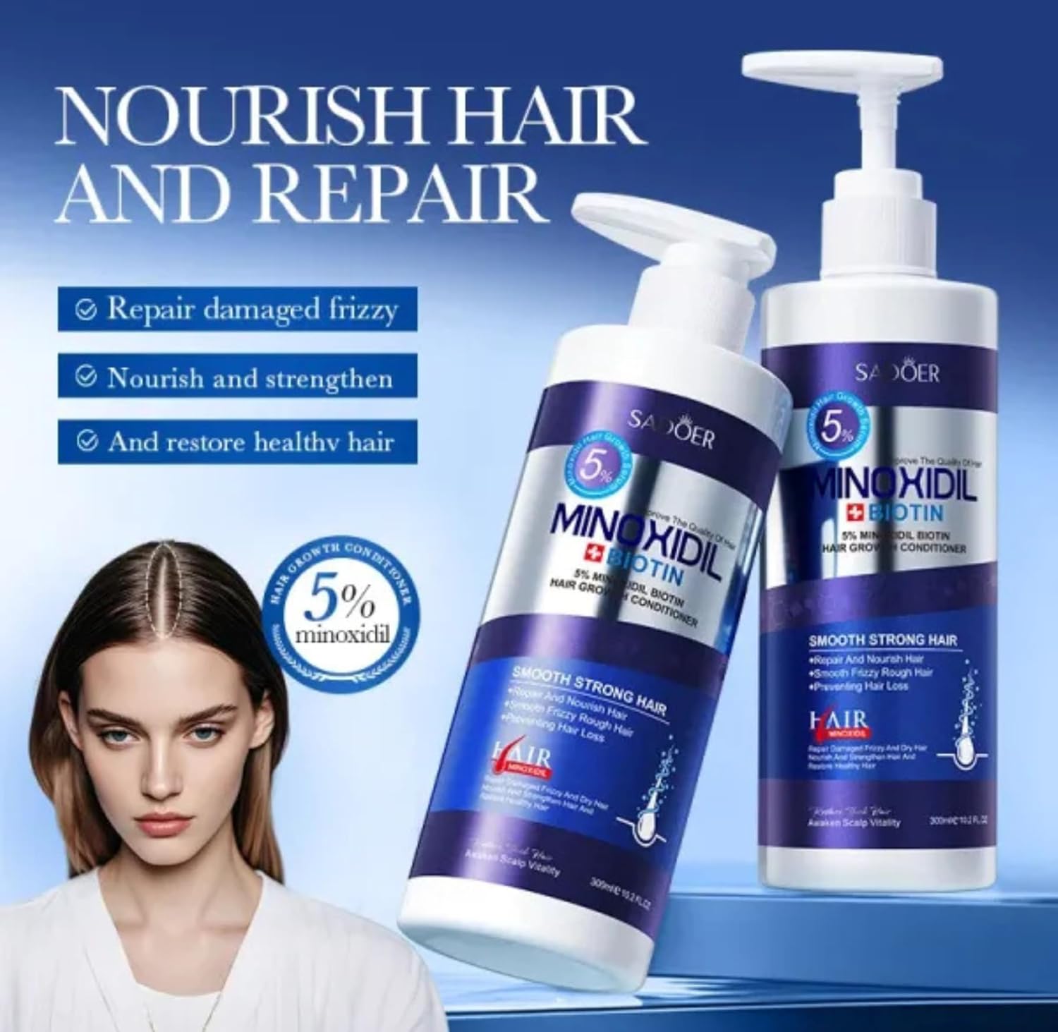 SADOER Minoxidil Biotin Hair Growth Conditioner, 5% Formula with Biotin, Repair and Nourish Treatment, Prevents Hair Loss, Smooth Strong Hair, 300ml