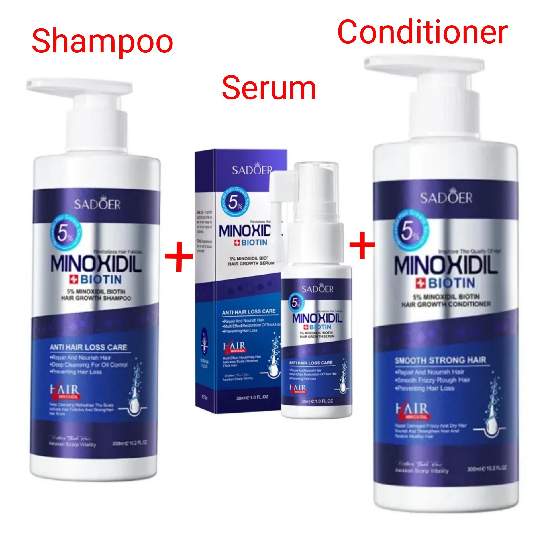 SADOER Minoxidil Serum + Shampoo + Conditioner 5% Minoxidil Biotin Hair Growth Formula with Biotin, Repair and Nourish Treatment, Prevents Hair Loss, Smooth Strong Hair care