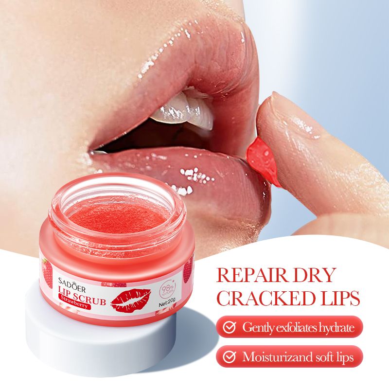 SADOER Strawberry Lip Scrub , Gently exfoliates, Diminishes Lip Lines, Removes Dead Skin, Moisturizes, Brightens Lip Color, Soft Pink Lips, Exfoliating Fruit Series