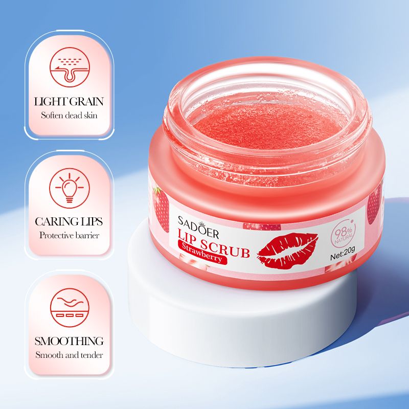 SADOER Strawberry Lip Scrub , Gently exfoliates, Diminishes Lip Lines, Removes Dead Skin, Moisturizes, Brightens Lip Color, Soft Pink Lips, Exfoliating Fruit Series